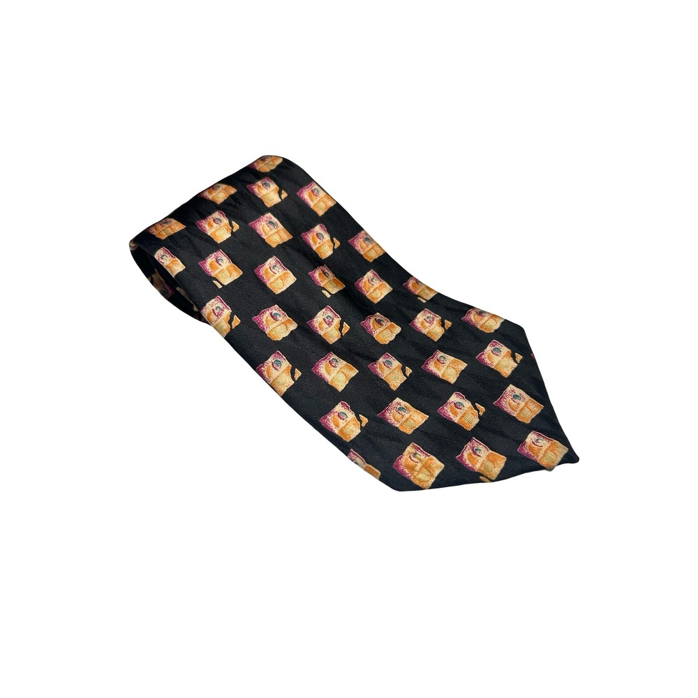 Chaps Ralph Lauren Mens Silk Necktie Black Geometric Square Pattern USA Made